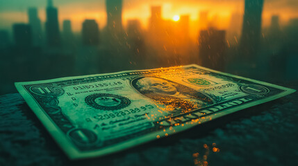 Wall Mural - A dollar bill is sitting on a ledge with a city in the background