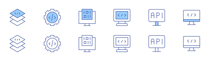 Programming icon set in two styles, Duotone and Thin Line style. Editable stroke. layer, coding, gear, application, binary code