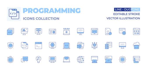 Programming icons collection. Line Duotone style, editable stroke. innovation, binary code, coding, programming, shield, code, optimization, web development, chat, interchange, api, cogwheel