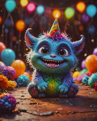 Wall Mural - Cute little happy monster celebrating birthday.