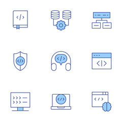 Programming icons set. Line Duotone style, editable stroke. programming, coding book, support, program, database, shield, coding, script