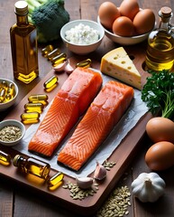 Vitamin D rich foods and supplements, showcasing natural sources like fish, eggs, and fortified cereals, alongside bottles of omega-3 capsules, all promoting a strong immune system 