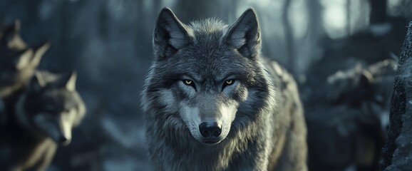 Wall Mural - Grey wolf with piercing yellow eyes stares directly at the camera with other wolves in the background.