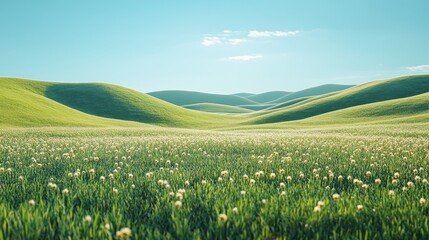 Canvas Print - Rolling Green Hills with Wildflowers and Blue Sky