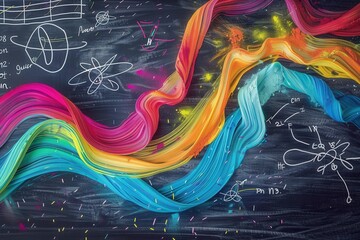 Leinwandbilder - A vibrant chalkboard features sweeping waves of color intermingled with scientific formulas and diagrams, creating an engaging educational atmosphere. Generative AI