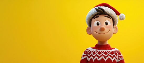 Wall Mural - 3D Cartoon of a Young Man in a Christmas Sweater and Hat on a Bright Yellow Background