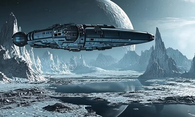 Wall Mural - Spaceship flying over icy alien landscape with distant planet with ai generated.
