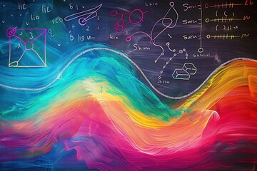 Leinwandbilder - A vibrant chalkboard showcases sweeping waves of color along with subtle scientific diagrams and formulas, enhancing the learning atmosphere. Generative AI