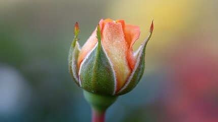 Wall Mural - Close Up of a Single Peach Rose Bud with Dew Drops