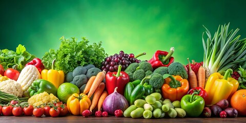 Wall Mural - Assortment of fresh fruits and vegetables on a vibrant green background