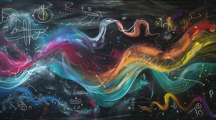 Poster - A vibrant chalkboard displays sweeping waves of colorful chalk strokes intermingled with intricate scientific diagrams and formulas. Generative AI