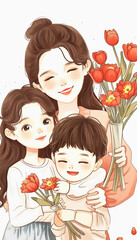 A mother and her two children smiling with tulips