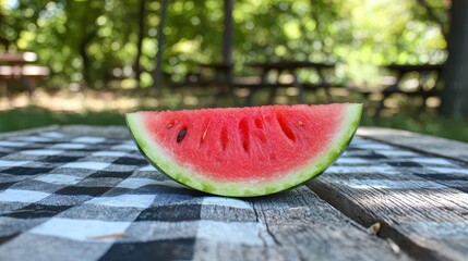 Watermelon Slice on Checkered Picnic Table