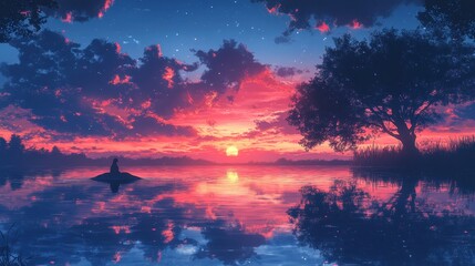 Poster - Silhouette of a Person Sitting by the Lake at Sunset with Pink Clouds and Stars