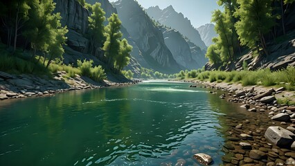 Serene river flowing through a mountain canyon, with lush green trees and clear water.