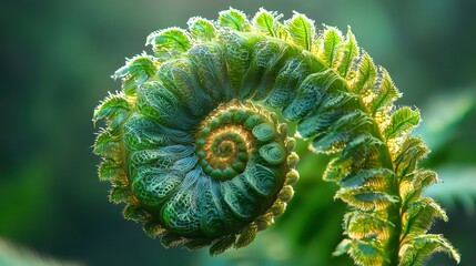 Wall Mural - Green Fern Unfurling in Sunlight Close Up