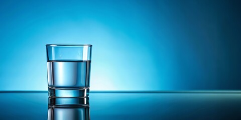 Glass of water with reflection on blue background creating a serene still life scene