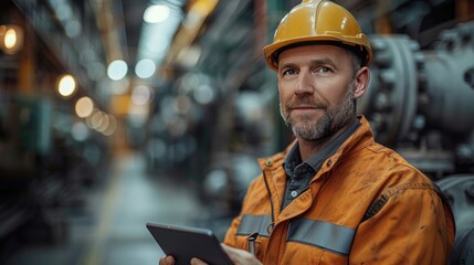 Wall Mural - portrait of an industrial man,woman engineer,tablet in factory working