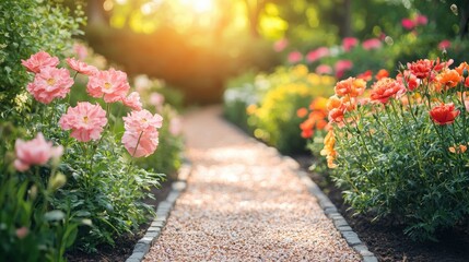 Wall Mural - Stone Path Through a Colorful Flower Garden