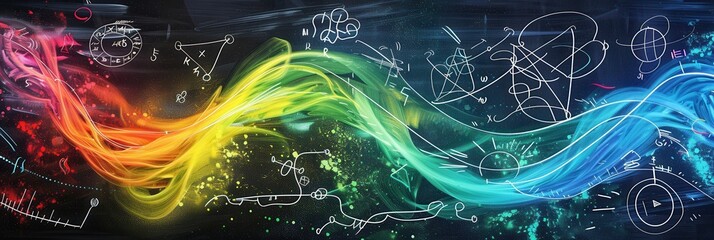 Leinwandbilder - Vibrant waves of chalk strokes flow across a chalkboard, incorporating scientific formulas and diagrams that enhance the learning environment. Generative AI