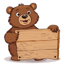 A cartoon of a bear holding a wooden sign isolated white background,2d flat vector
