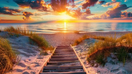 Wooden stairs leading to the beach at sunset with sand dunes and ocean waves in the background