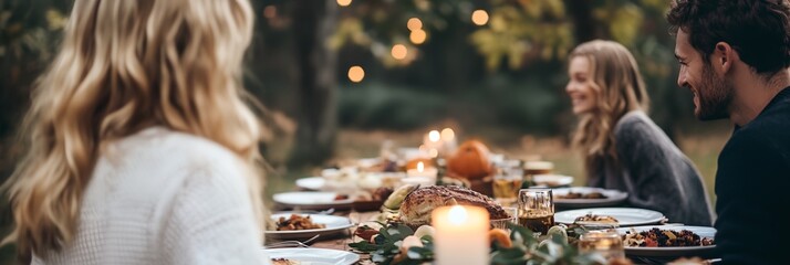 A table with a beautiful fall centerpiece and a variety of fall fruits and vegetables. The table is set for a dinner party with candles and glasses