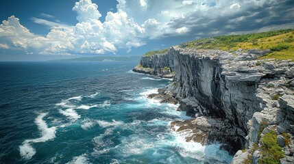 Poster - Dramatic Coastal Cliffs with Blue Ocean and White Clouds