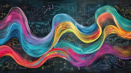 Leinwandbilder - A vibrant chalkboard displays flowing waves of colorful chalk with integrated scientific formulas and diagrams, creating an artistic learning environment. Generative AI