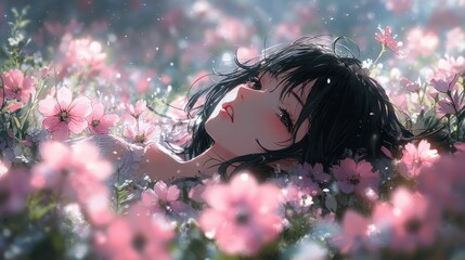 Canvas Print - Anime Girl Dreaming in a Field of Pink Flowers