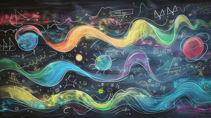 Leinwandbilder - A chalkboard displays vibrant waves of colorful chalk strokes intertwined with scientific formulas and diagrams, creating an engaging educational backdrop. Generative AI