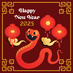 Chinese New Year 2025, the year of the snake, red and gold line art characters, simple hand-drawn Asian elements with craft (Chinese translation: Happy Chinese New Year 2025, year of the snake)