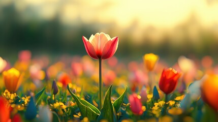 Canvas Print - Single Pink Tulip in Field of Colorful Blooms at Sunset