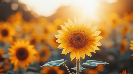 Canvas Print - Bright Yellow Sunflower In Field Of Flowers At Sunset