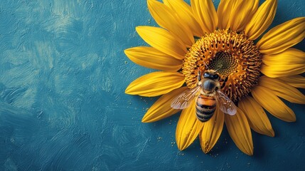 Poster - Honeybee on Sunflower with Blue Background