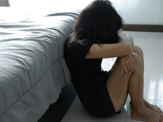 Depressoin woman broken heart couple she sitting in bedroom, problem family violence, girl cry stressed lonely and tired