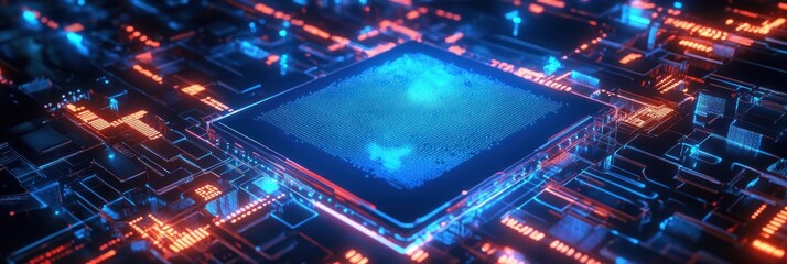 A Close-Up View of a Futuristic Circuit Board with a Glowing Blue Chip in the Center