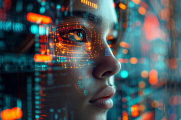 Wall Mural - futuristic woman is depicted with a cyber technology eye panel, symbolizing integration of advanced technology into human anatomy, creating a visually captivating and thought-provoking abstract backgr