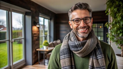 Smiling man in green sweater and scarf.