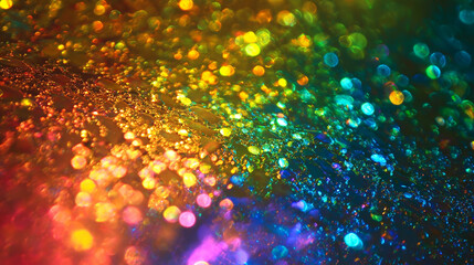 Wall Mural - a close-up of the surface reflecting rainbow light, creating an abstract and dreamy effect against a dark background