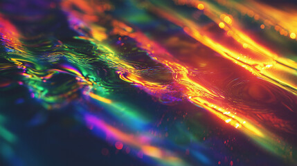 Wall Mural - a close-up of the surface reflecting rainbow light, creating an abstract and dreamy effect against a dark background