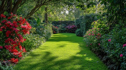 Poster - Lush Green Garden Path with Vibrant Red and Pink Flowers