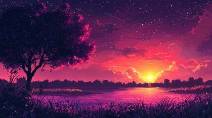 Wall Mural - Sunset over Lake with Silhouette Tree and Stars