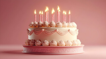 Wall Mural - A beautifully decorated birthday cake with candles.