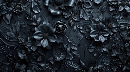 Wall Mural - A dark and intricate design of black flowers and leaves, with a 3D effect. The background is a black textured surface.