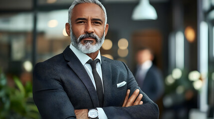 Poster - A confident businessman posing in a modern office setting.