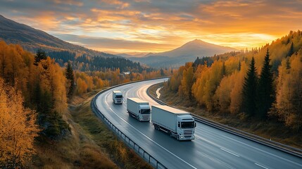 White trucks driving on the highway winding through forested landscape in autumn colors at sunset : Generative AI