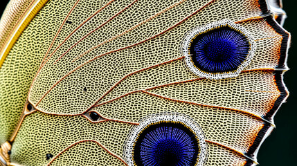 A butterfly wing showcases beautiful textures and vivid eye-like patterns under bright natural light, highlighting its unique design