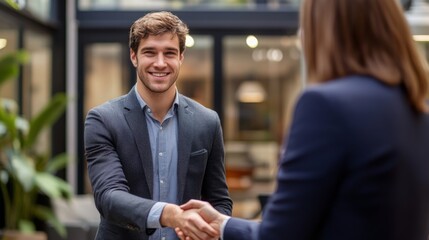 Aufkleber - Detailed shot of a young businessman shaking hands with a client in a modern office setting, highlighting the professionalism and rapport between them.