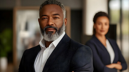 Poster - A confident man in a suit stands with a woman in a professional setting.